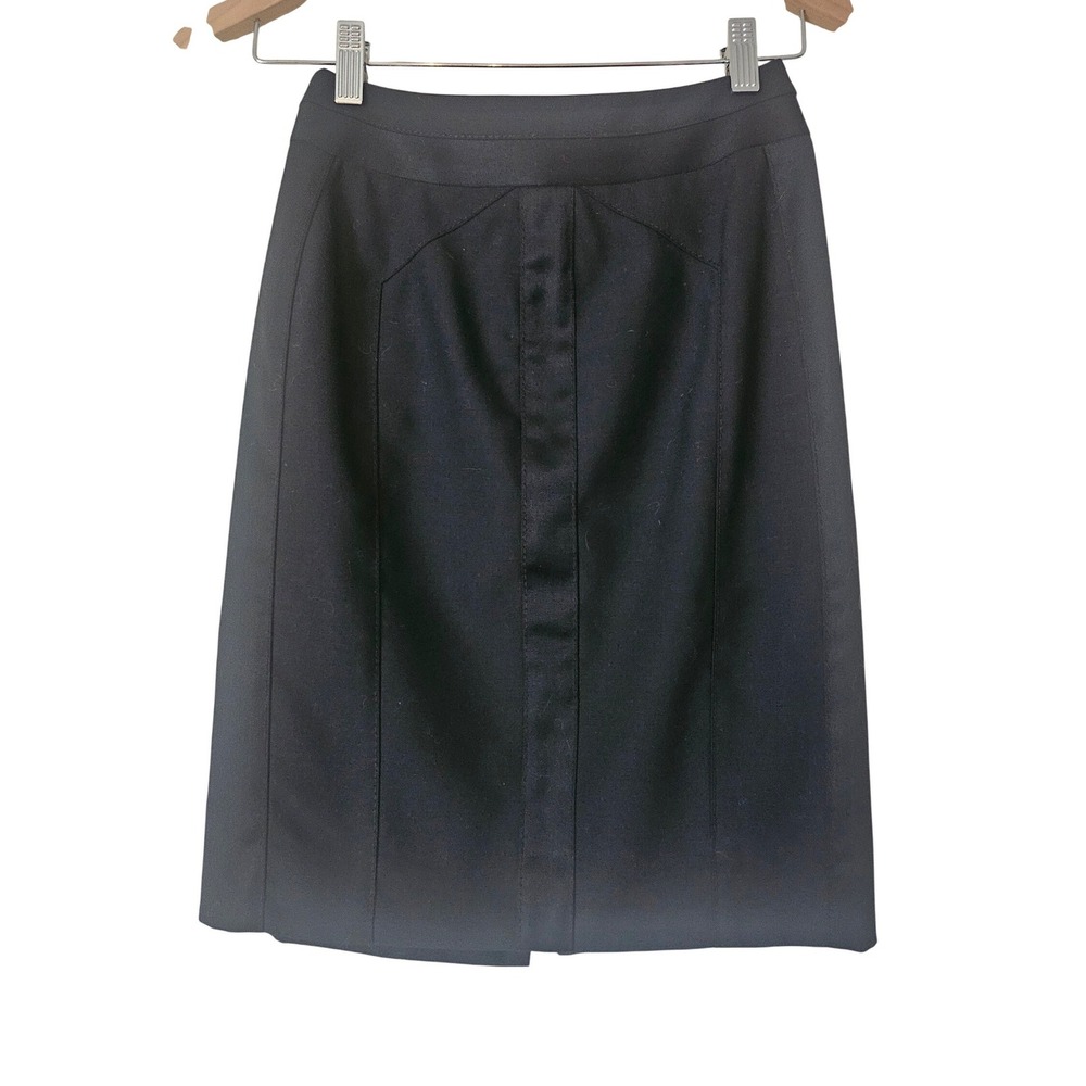 Ann Taylor‎ Black Wool Blend Pencil Skirt Black Satin Trim 00P Office Siren
